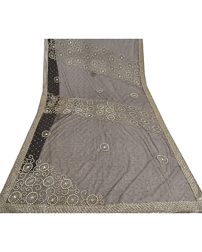 Sanskriti Vintage Black Sarees Net Mesh Hand Beaded Premium Sari Craft Fabric, PS-60182-Black-Beaded Work-Net Mesh-8