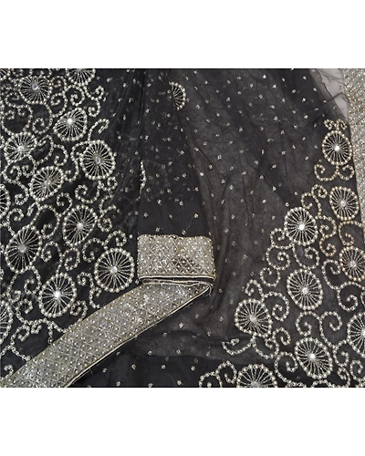 Sanskriti Vintage Black Sarees Net Mesh Hand Beaded Premium Sari Craft Fabric, PS-60182-Black-Beaded Work-Net Mesh-9