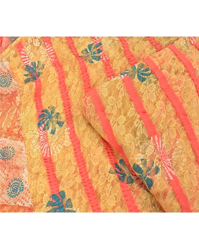 Sanskriti Vintage Cream Sarees Net Mesh Embroidered Woven Premium Sari Fabric, PS-60184-Cream-Woven Work-Net Mesh-2