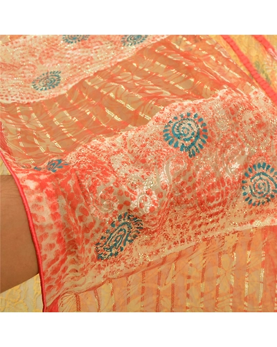 Sanskriti Vintage Cream Sarees Net Mesh Embroidered Woven Premium Sari Fabric, PS-60184-Cream-Woven Work-Net Mesh-5
