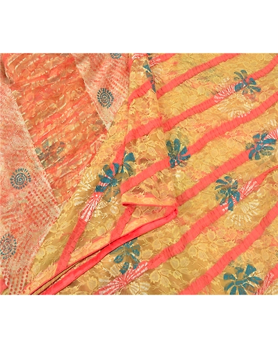 Sanskriti Vintage Cream Sarees Net Mesh Embroidered Woven Premium Sari Fabric, PS-60184-Cream-Woven Work-Net Mesh-10