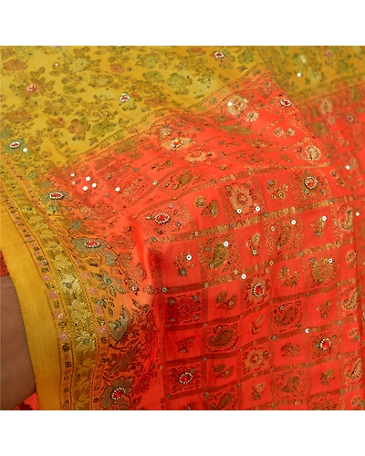 Sanskriti Vintage Orange Sarees Pure Silk Hand Beaded Woven Sari Craft Fabric, PS-60208-Orange &amp; Saffron-Woven Work-Pure Silk-5
