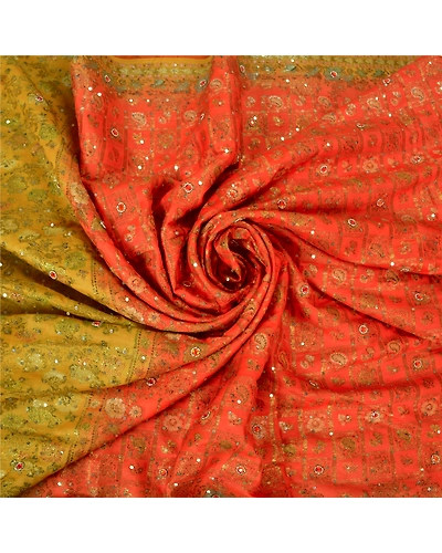 Sanskriti Vintage Orange Sarees Pure Silk Hand Beaded Woven Sari Craft Fabric, PS-60208-Orange &amp; Saffron-Woven Work-Pure Silk-7