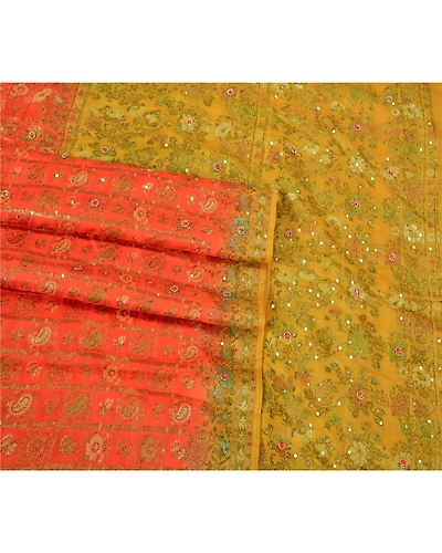 Sanskriti Vintage Orange Sarees Pure Silk Hand Beaded Woven Sari Craft Fabric, PS-60208-Orange &amp; Saffron-Woven Work-Pure Silk-8
