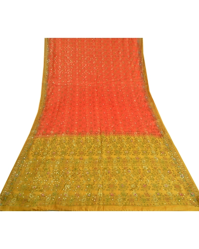 Sanskriti Vintage Orange Sarees Pure Silk Hand Beaded Woven Sari Craft Fabric, PS-60208-Orange &amp; Saffron-Woven Work-Pure Silk-9
