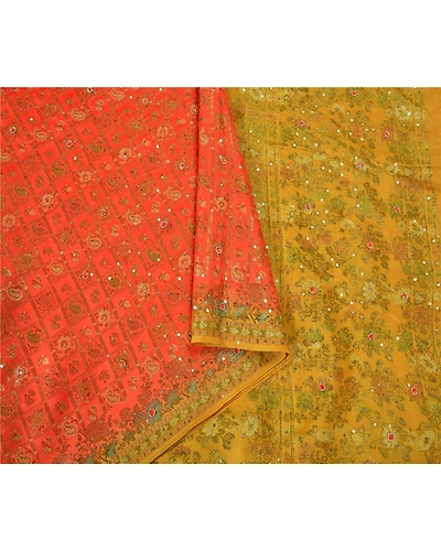 Sanskriti Vintage Orange Sarees Pure Silk Hand Beaded Woven Sari Craft Fabric, PS-60208-Orange &amp; Saffron-Woven Work-Pure Silk-10