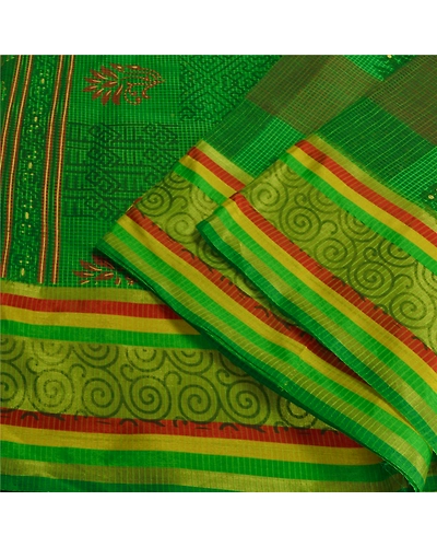 Sanskriti Vintage Green Indian Sarees Cotton Painted Woven Kota Sari Fabric, PS-60222-Green-Woven Work-Cotton-2