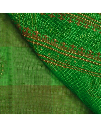 Sanskriti Vintage Green Indian Sarees Cotton Painted Woven Kota Sari Fabric, PS-60222-Green-Woven Work-Cotton-3