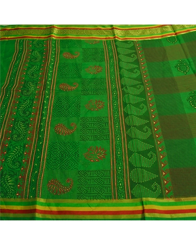 Sanskriti Vintage Green Indian Sarees Cotton Painted Woven Kota Sari Fabric, PS-60222-Green-Woven Work-Cotton-4