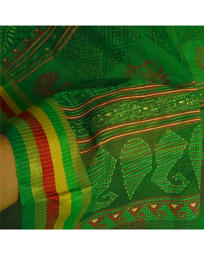 Sanskriti Vintage Green Indian Sarees Cotton Painted Woven Kota Sari Fabric, PS-60222-Green-Woven Work-Cotton-5