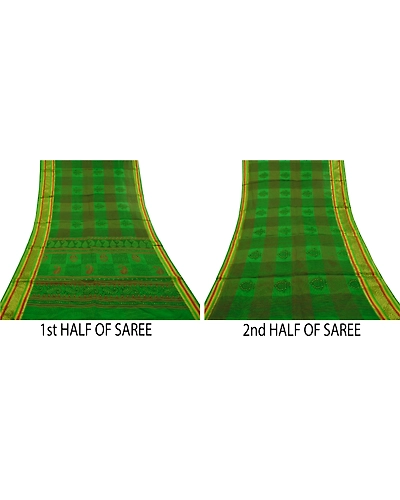 Sanskriti Vintage Green Indian Sarees Cotton Painted Woven Kota Sari Fabric, PS-60222-Green-Woven Work-Cotton-6
