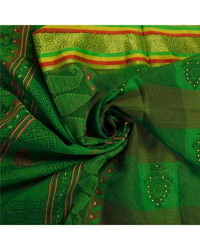 Sanskriti Vintage Green Indian Sarees Cotton Painted Woven Kota Sari Fabric, PS-60222-Green-Woven Work-Cotton-7