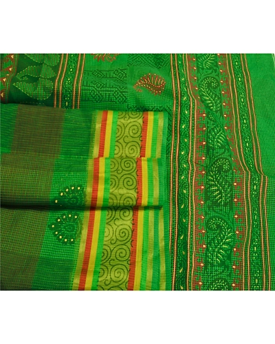 Sanskriti Vintage Green Indian Sarees Cotton Painted Woven Kota Sari Fabric, PS-60222-Green-Woven Work-Cotton-8