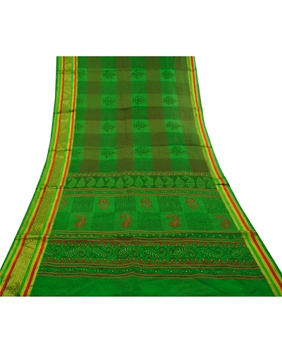 Sanskriti Vintage Green Indian Sarees Cotton Painted Woven Kota Sari Fabric, PS-60222-Green-Woven Work-Cotton-9
