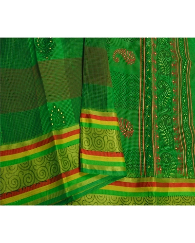 Sanskriti Vintage Green Indian Sarees Cotton Painted Woven Kota Sari Fabric, PS-60222-Green-Woven Work-Cotton-10