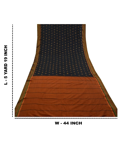 Sanskriti Vintage Black Sarees Blend Cotton Embroidered Woven Sari Craft Fabric, PS-60225-Black &amp; Saffron-Thread Work-Blend Cotton-1