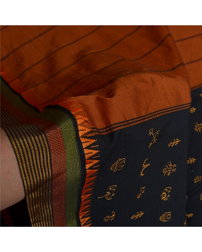 Sanskriti Vintage Black Sarees Blend Cotton Embroidered Woven Sari Craft Fabric, PS-60225-Black &amp; Saffron-Thread Work-Blend Cotton-4