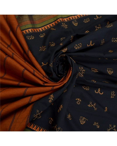 Sanskriti Vintage Black Sarees Blend Cotton Embroidered Woven Sari Craft Fabric, PS-60225-Black &amp; Saffron-Thread Work-Blend Cotton-6