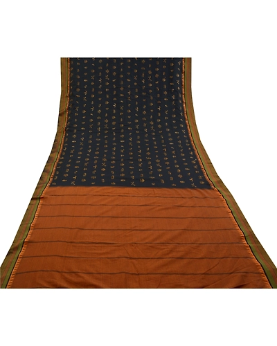 Sanskriti Vintage Black Sarees Blend Cotton Embroidered Woven Sari Craft Fabric, PS-60225-Black &amp; Saffron-Thread Work-Blend Cotton-8
