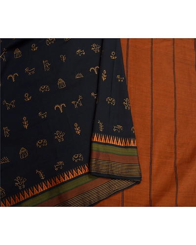 Sanskriti Vintage Black Sarees Blend Cotton Embroidered Woven Sari Craft Fabric, PS-60225-Black &amp; Saffron-Thread Work-Blend Cotton-9