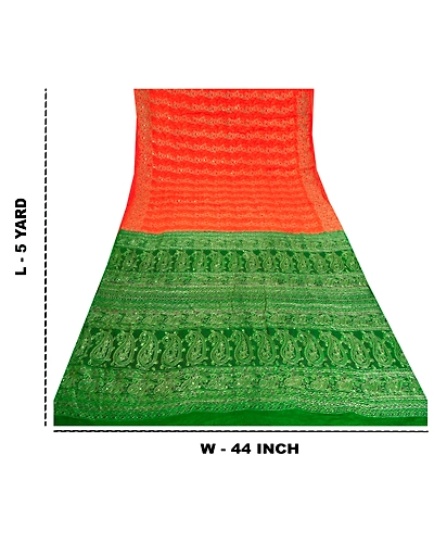Sanskriti Vintage Orange Sarees Pure Silk Hand Beaded Premium Sari Craft Fabric, PS-60239-Orange &amp; Green-Zari Work-100% Pure Silk-1