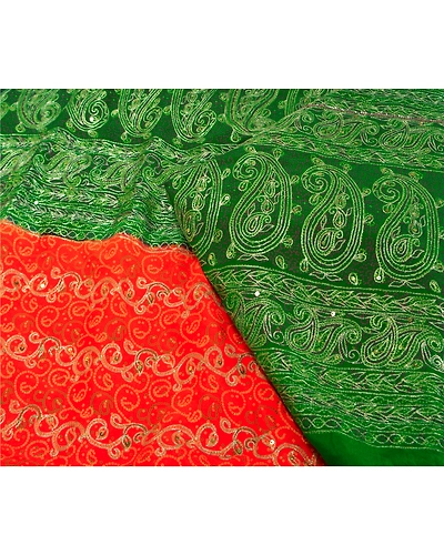 Sanskriti Vintage Orange Sarees Pure Silk Hand Beaded Premium Sari Craft Fabric, PS-60239-Orange &amp; Green-Zari Work-100% Pure Silk-2