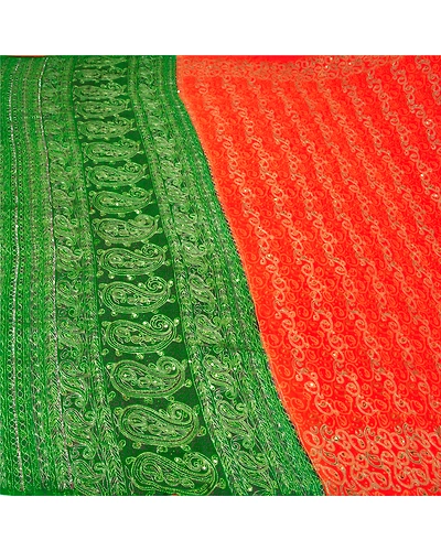 Sanskriti Vintage Orange Sarees Pure Silk Hand Beaded Premium Sari Craft Fabric, PS-60239-Orange &amp; Green-Zari Work-100% Pure Silk-4