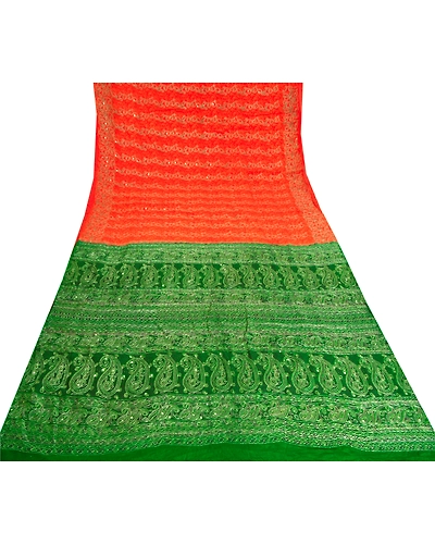 Sanskriti Vintage Orange Sarees Pure Silk Hand Beaded Premium Sari Craft Fabric, PS-60239-Orange &amp; Green-Zari Work-100% Pure Silk-9