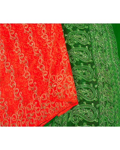 Sanskriti Vintage Orange Sarees Pure Silk Hand Beaded Premium Sari Craft Fabric, PS-60239-Orange &amp; Green-Zari Work-100% Pure Silk-10