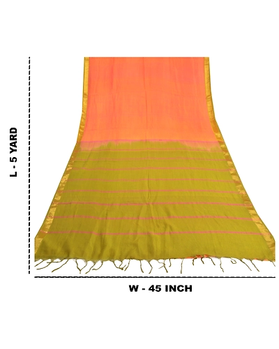Sanskriti Vintage Peach Indian Sarees Cotton Silk Woven Sari Craft 5 Yard Fabric, PS-60251-Peach &amp; Green-Woven Work-Cotton Silk-1