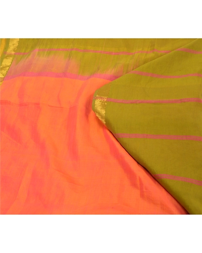 Sanskriti Vintage Peach Indian Sarees Cotton Silk Woven Sari Craft 5 Yard Fabric, PS-60251-Peach &amp; Green-Woven Work-Cotton Silk-2