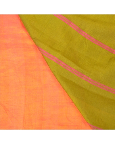 Sanskriti Vintage Peach Indian Sarees Cotton Silk Woven Sari Craft 5 Yard Fabric, PS-60251-Peach &amp; Green-Woven Work-Cotton Silk-3