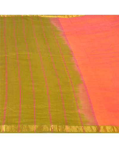 Sanskriti Vintage Peach Indian Sarees Cotton Silk Woven Sari Craft 5 Yard Fabric, PS-60251-Peach &amp; Green-Woven Work-Cotton Silk-4