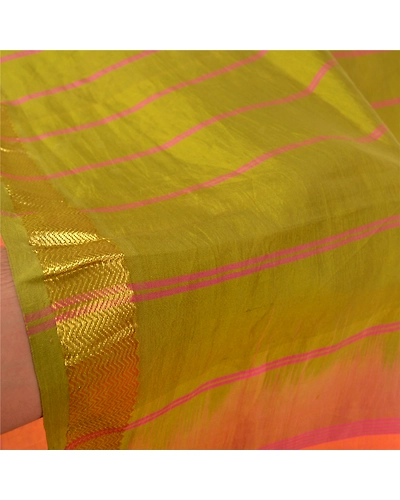 Sanskriti Vintage Peach Indian Sarees Cotton Silk Woven Sari Craft 5 Yard Fabric, PS-60251-Peach &amp; Green-Woven Work-Cotton Silk-5