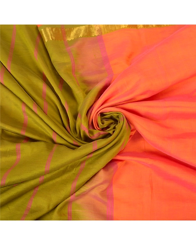 Sanskriti Vintage Peach Indian Sarees Cotton Silk Woven Sari Craft 5 Yard Fabric, PS-60251-Peach &amp; Green-Woven Work-Cotton Silk-7