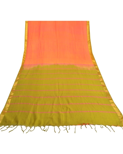 Sanskriti Vintage Peach Indian Sarees Cotton Silk Woven Sari Craft 5 Yard Fabric, PS-60251-Peach &amp; Green-Woven Work-Cotton Silk-9