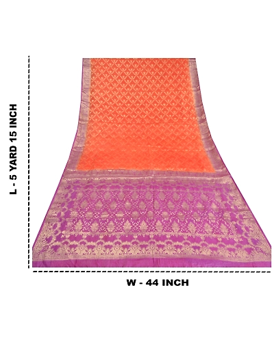 Sanskriti Vintage Orange Indian Sarees 100% Pure Silk Woven Sari Craft Fabric, PS-60256-Orange &amp; Purple-Woven Work-Pure Silk-1