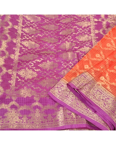 Sanskriti Vintage Orange Indian Sarees 100% Pure Silk Woven Sari Craft Fabric, PS-60256-Orange &amp; Purple-Woven Work-Pure Silk-2