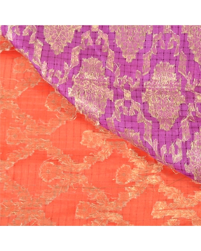 Sanskriti Vintage Orange Indian Sarees 100% Pure Silk Woven Sari Craft Fabric, PS-60256-Orange &amp; Purple-Woven Work-Pure Silk-3