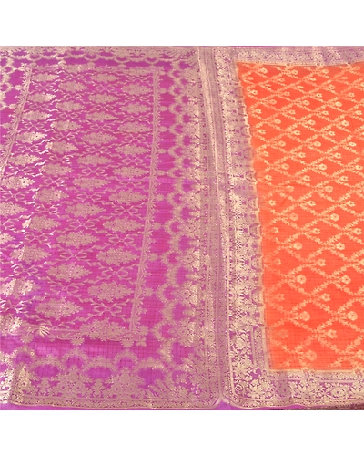 Sanskriti Vintage Orange Indian Sarees 100% Pure Silk Woven Sari Craft Fabric, PS-60256-Orange &amp; Purple-Woven Work-Pure Silk-4