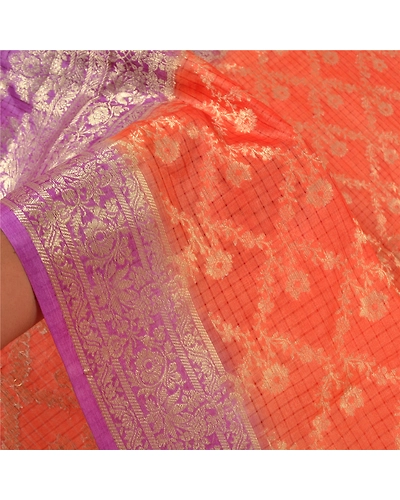 Sanskriti Vintage Orange Indian Sarees 100% Pure Silk Woven Sari Craft Fabric, PS-60256-Orange &amp; Purple-Woven Work-Pure Silk-5