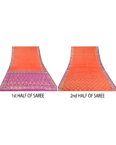 Sanskriti Vintage Orange Indian Sarees 100% Pure Silk Woven Sari Craft Fabric, PS-60256-Orange &amp; Purple-Woven Work-Pure Silk-6