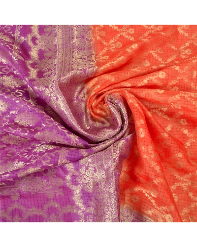 Sanskriti Vintage Orange Indian Sarees 100% Pure Silk Woven Sari Craft Fabric, PS-60256-Orange &amp; Purple-Woven Work-Pure Silk-7