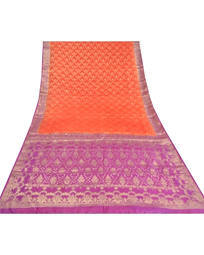 Sanskriti Vintage Orange Indian Sarees 100% Pure Silk Woven Sari Craft Fabric, PS-60256-Orange &amp; Purple-Woven Work-Pure Silk-9