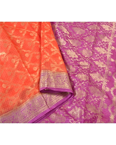 Sanskriti Vintage Orange Indian Sarees 100% Pure Silk Woven Sari Craft Fabric, PS-60256-Orange &amp; Purple-Woven Work-Pure Silk-10