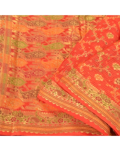 Sanskriti Vintage Orange Indian Sarees 100% Pure Silk Woven Premium Sari Fabric, PS-60258-Orange-Woven Work-Pure Silk-2