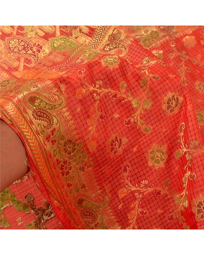Sanskriti Vintage Orange Indian Sarees 100% Pure Silk Woven Premium Sari Fabric, PS-60258-Orange-Woven Work-Pure Silk-5