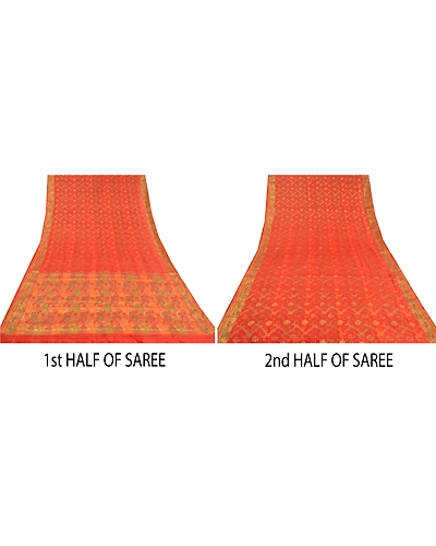 Sanskriti Vintage Orange Indian Sarees 100% Pure Silk Woven Premium Sari Fabric, PS-60258-Orange-Woven Work-Pure Silk-6