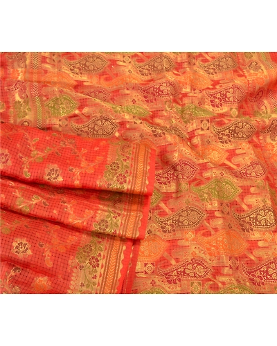 Sanskriti Vintage Orange Indian Sarees 100% Pure Silk Woven Premium Sari Fabric, PS-60258-Orange-Woven Work-Pure Silk-8