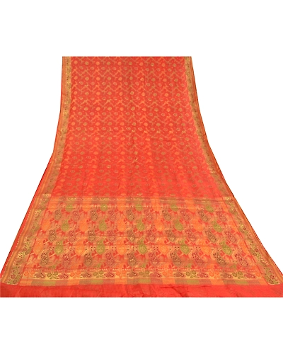 Sanskriti Vintage Orange Indian Sarees 100% Pure Silk Woven Premium Sari Fabric, PS-60258-Orange-Woven Work-Pure Silk-9